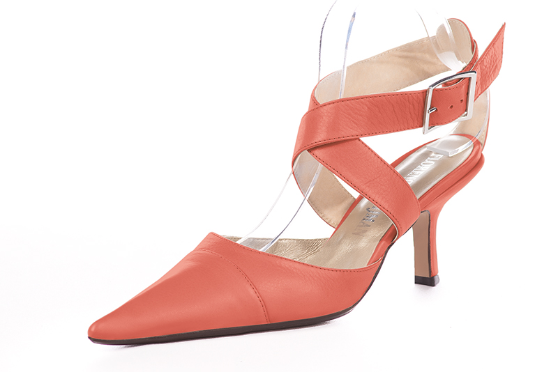 Coral orange women's open back shoes, with crossed straps. Pointed toe. High spool heels. Front view - Florence KOOIJMAN